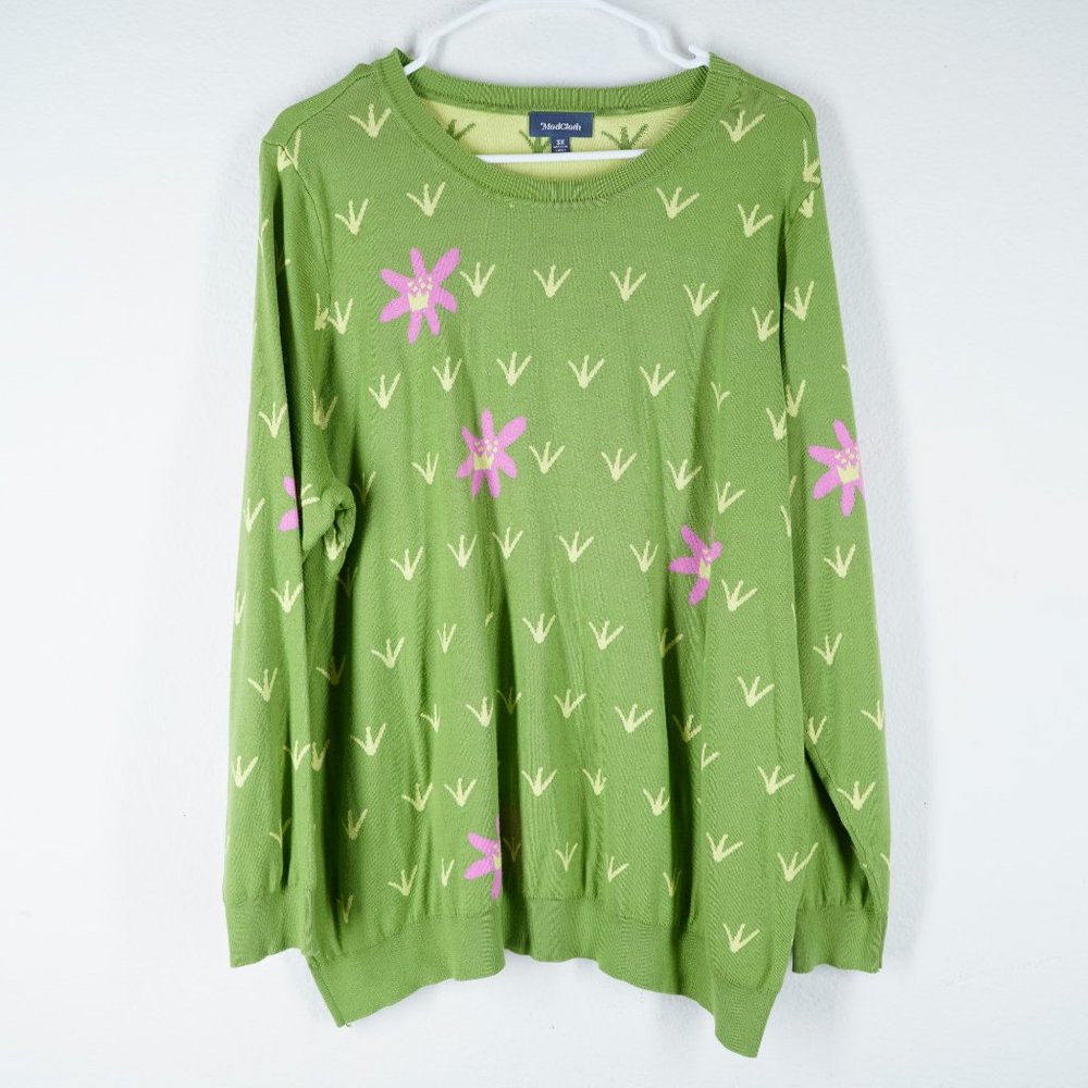 MODCLOTH Womens Size 3X Green Floral Knit Sweater Crewneck Long Sleeve